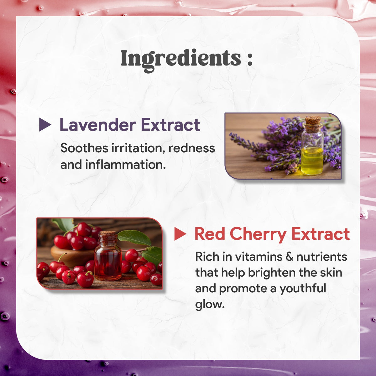 Ingredients list with lavender extract and red cherry extract on a pink background