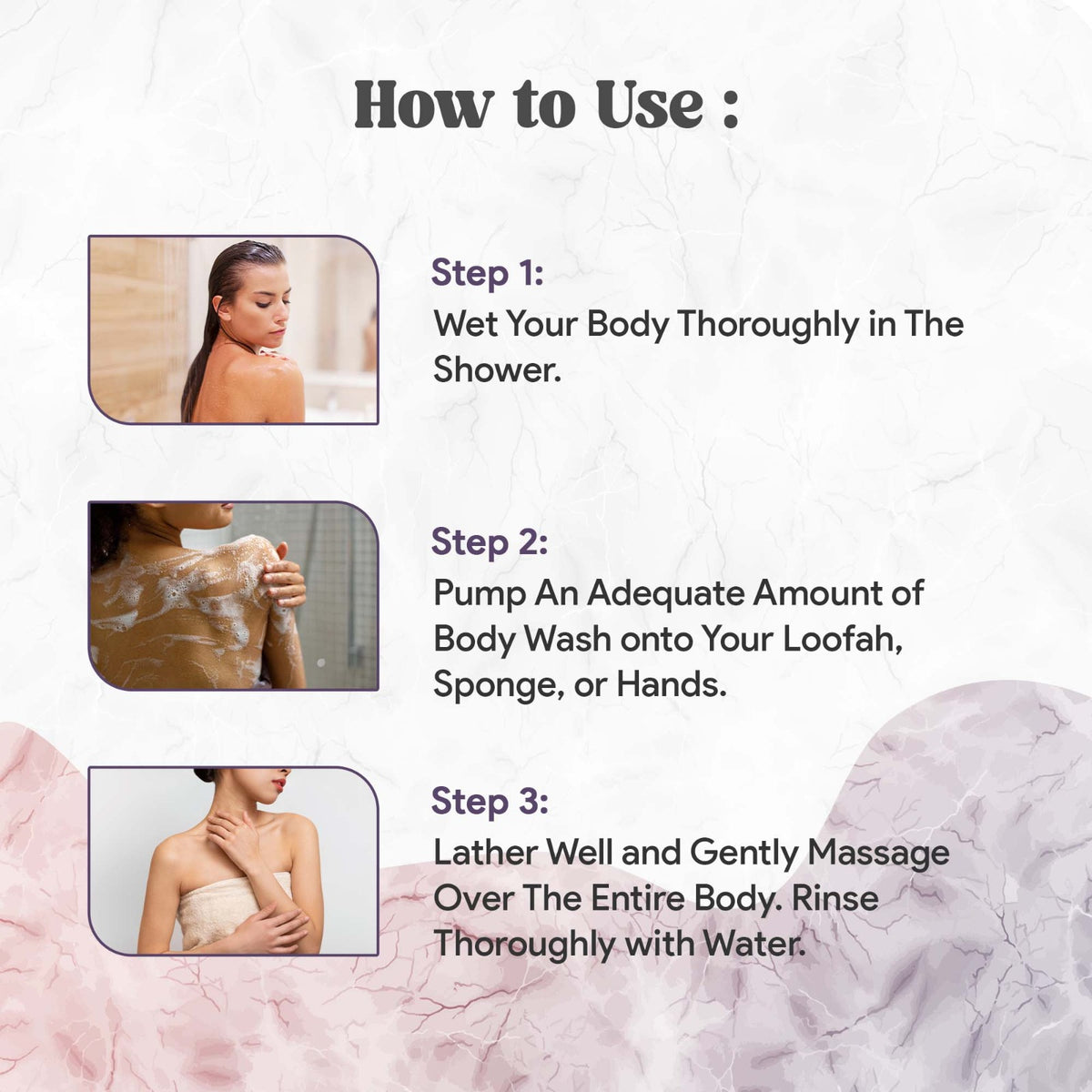 Instructions on how to use body wash with images of a woman in the shower.